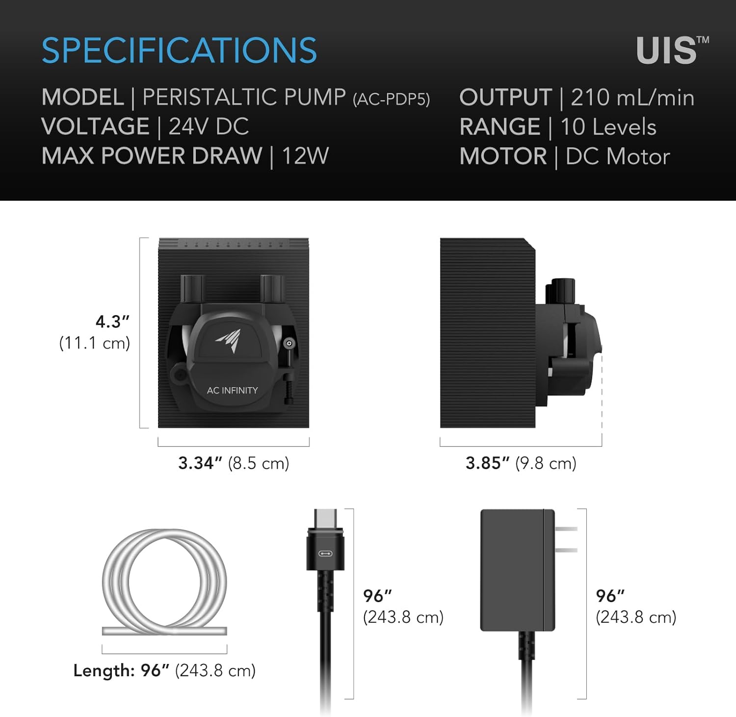 AC Infinity Peristaltic Dosing Pump, 10-Level Control with Adjustable 21 to 210 mL/min High Flow Rate, Roller Pump for Hydroponics, Aquariums, Scientific Labs