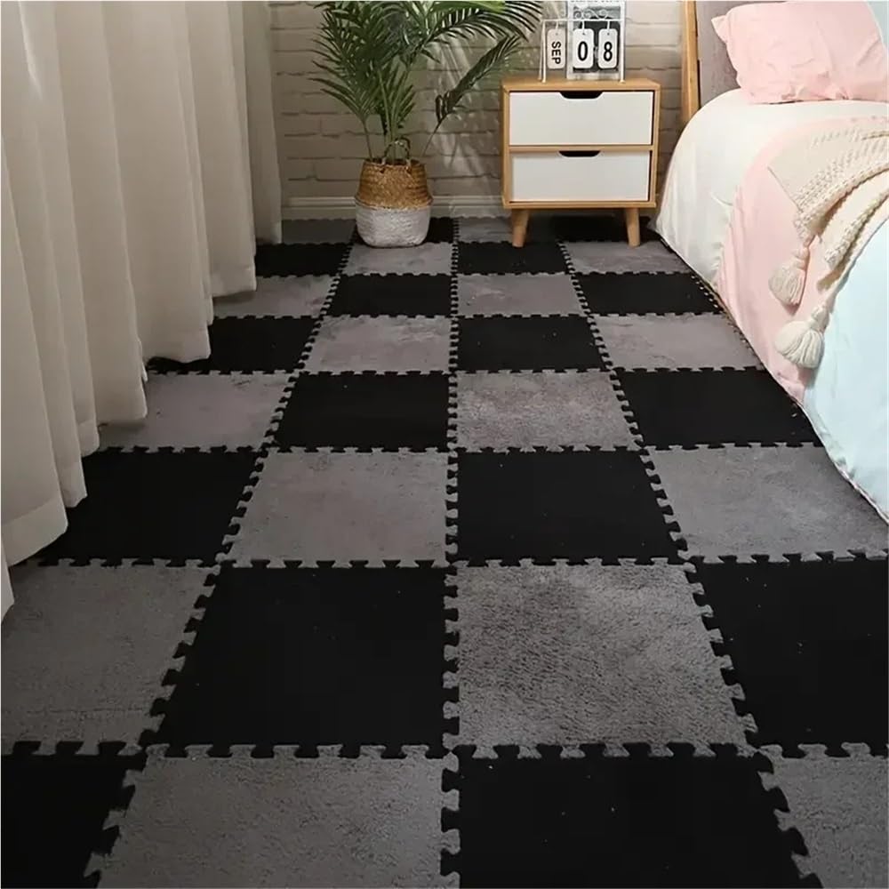 Hzlxf1 Black Grey 16Pc Protection Plush Mat,Interlocking Carpet Tiles,Puzzle Carpet For Parlor Bedroom Decoration(Black Grey)