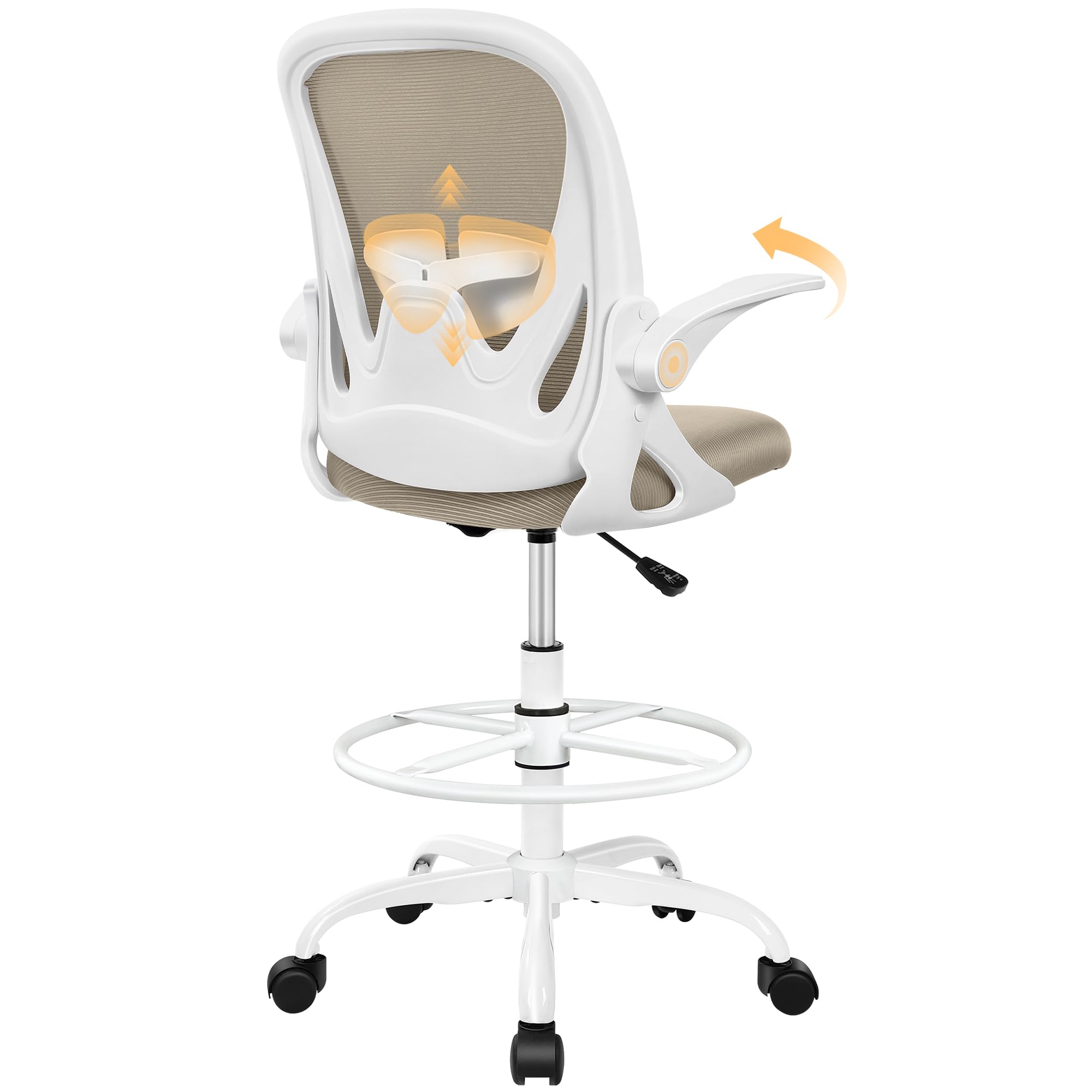 Primy Drafting Chair Tall Office Chair with Flip-up Armrests Executive Ergonomic Computer Standing Desk Chair with Lumbar Support and Adjustable Footrest Ring（Khaki）