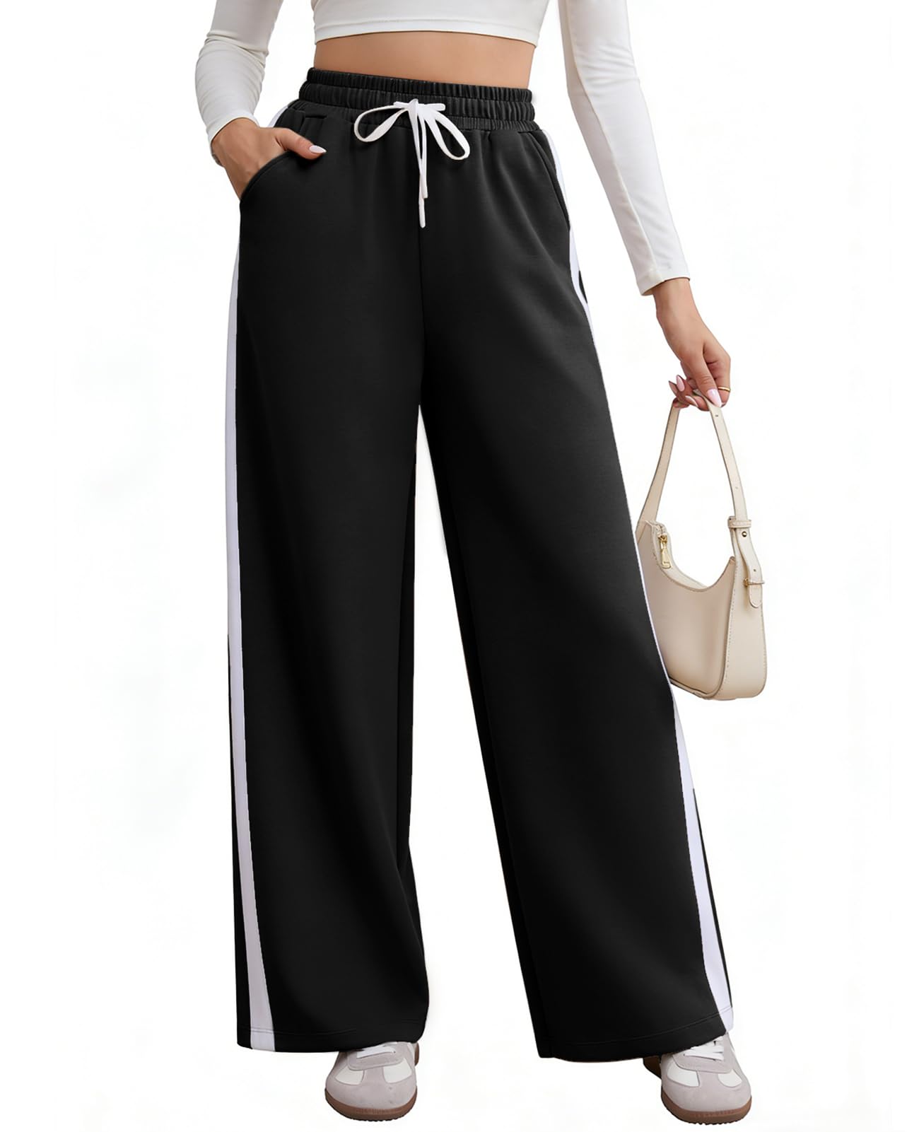 Charmo Jogginghose Damen Baggy Sporthose Lang Yogahose Weites Bein Hose mit elastischem Bund High Waist Freizeithose mit Streifen Trainingshose