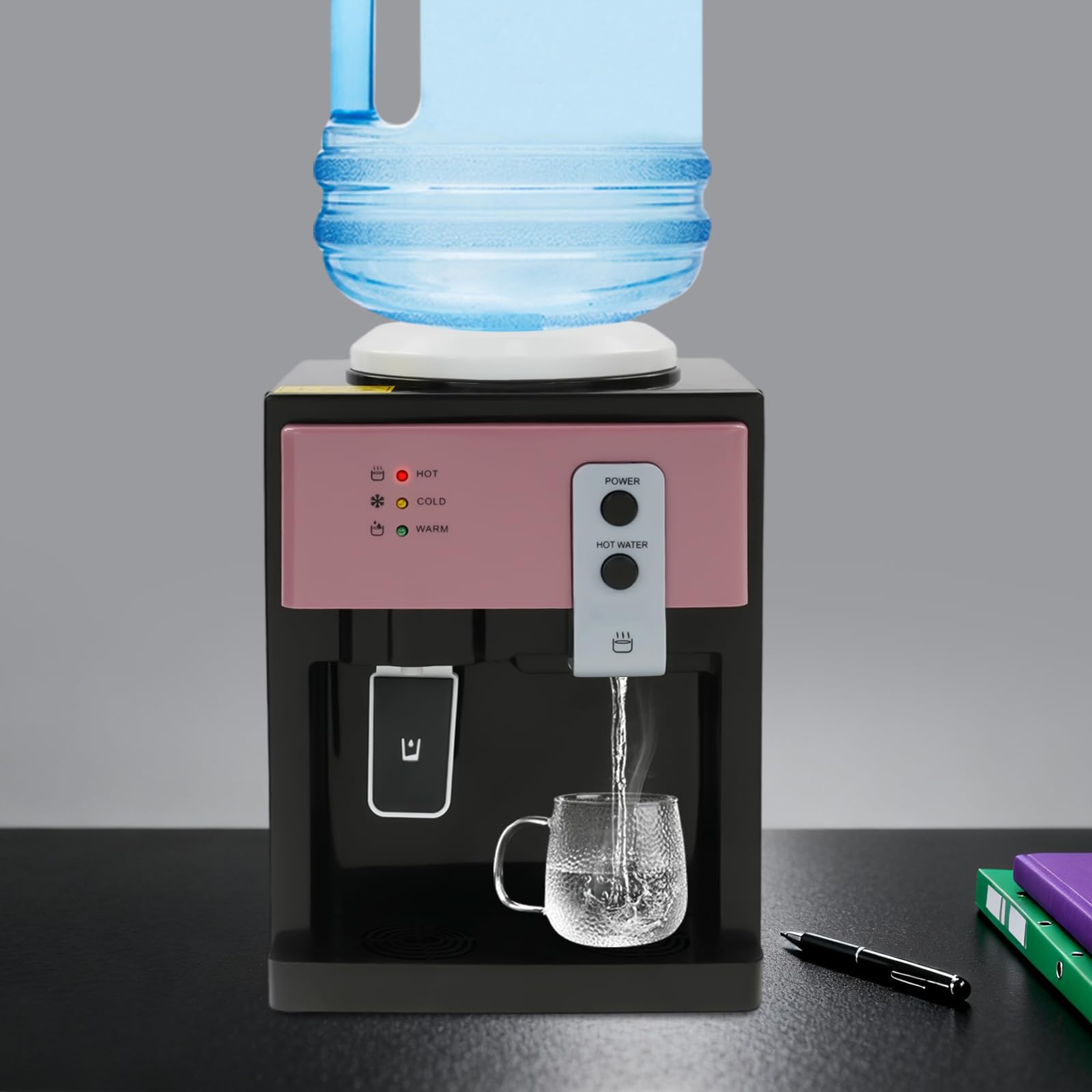 CHIMHON Dispensador de agua eléctrico de 5 litros, para oficina, agua fría/caliente, 220 V, 550 W, con bandeja de recogida de agua extraíble y asa de transporte, para escritorios, mesitas de noche