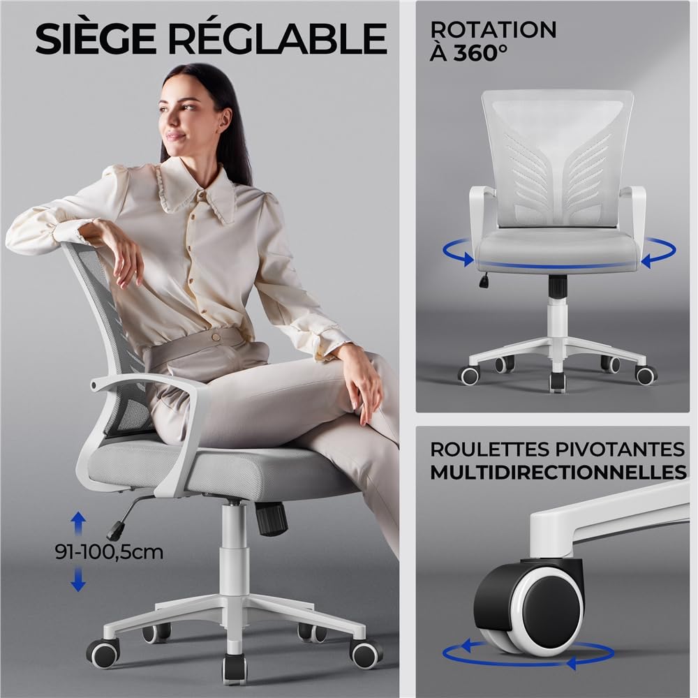 Yaheetech Chaise Bureau Ergonomique en Maille Respirante, Fauteuil d'Ordinateur Inclinable avec Support Lombaire à roulettes Pivotante, Siège Bureau en Hauteur Réglable, Capacité 136kg Gris Clair