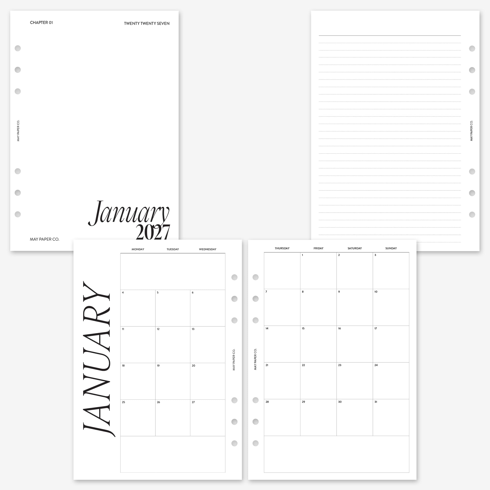 MAY PAPER CO. Recharge pour agenda mensuel 2027 A5 Classic, 1 mois sur deux pages, pour agenda A5 Filofax et LV GM à 6 anneaux 5,8 x 8,3 (mois séparables, début du lundi)