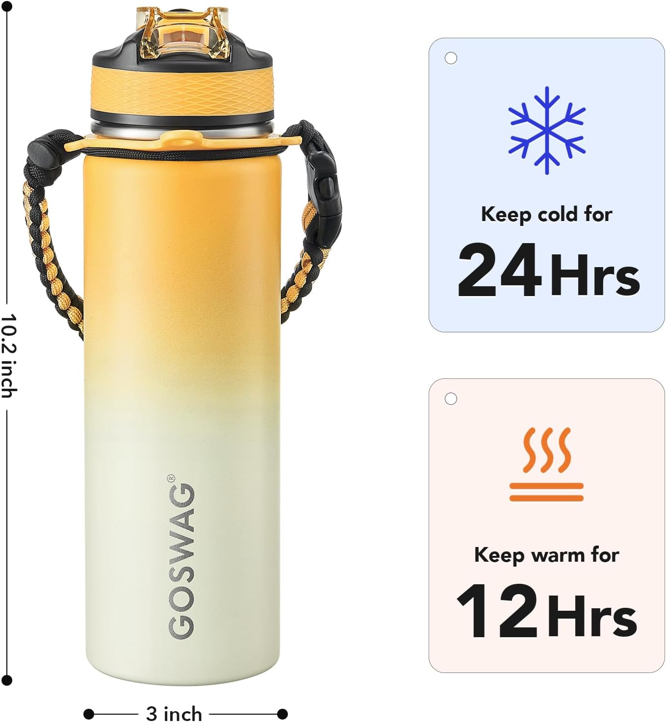 GOSWAG Insulated Sports Water Bottle, 24oz 2 Lids(with Straw/No Straw), Stainless Steel Water Bottles with Paracord Handle, Insulated Bottle with Double-Wall Vacuum Insulation - Image 2