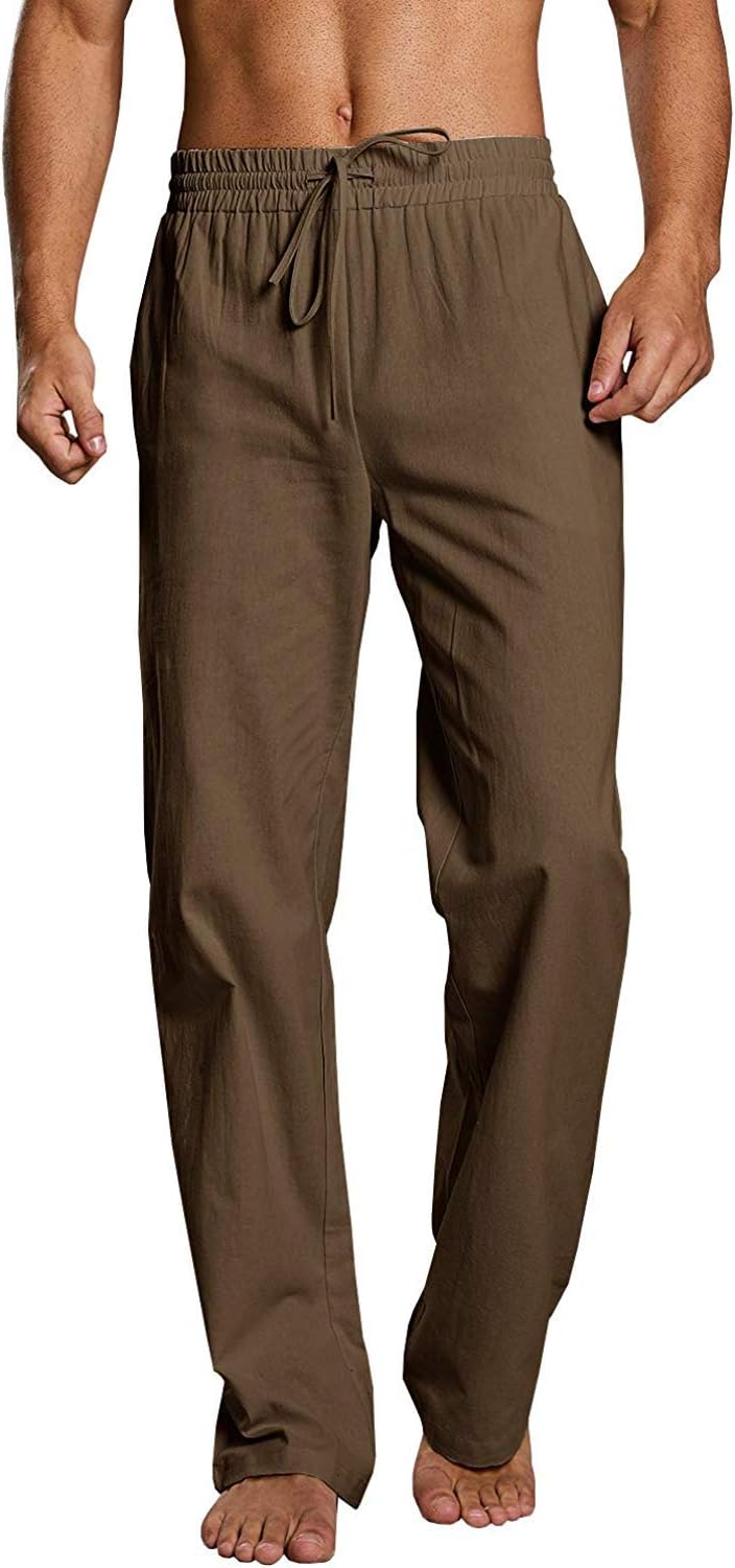 Men's Linen Drawstring Beach Golf Elastic Waist Spring Long Casual Loose Summer Yoga Cotton Pants, 02-brown, Large