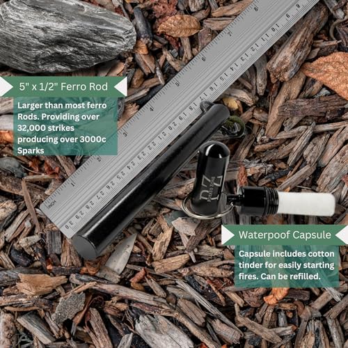Waterproof-Survival-Fire-Starter-Kit-5-x-12-Ferrocerium-Rod-Up-to-32000-Strikes-Weatherproof-Design-550lb-Paracord-Whistle-Multi-Tool-Striker-Waterproof-Capsule-Carabiner