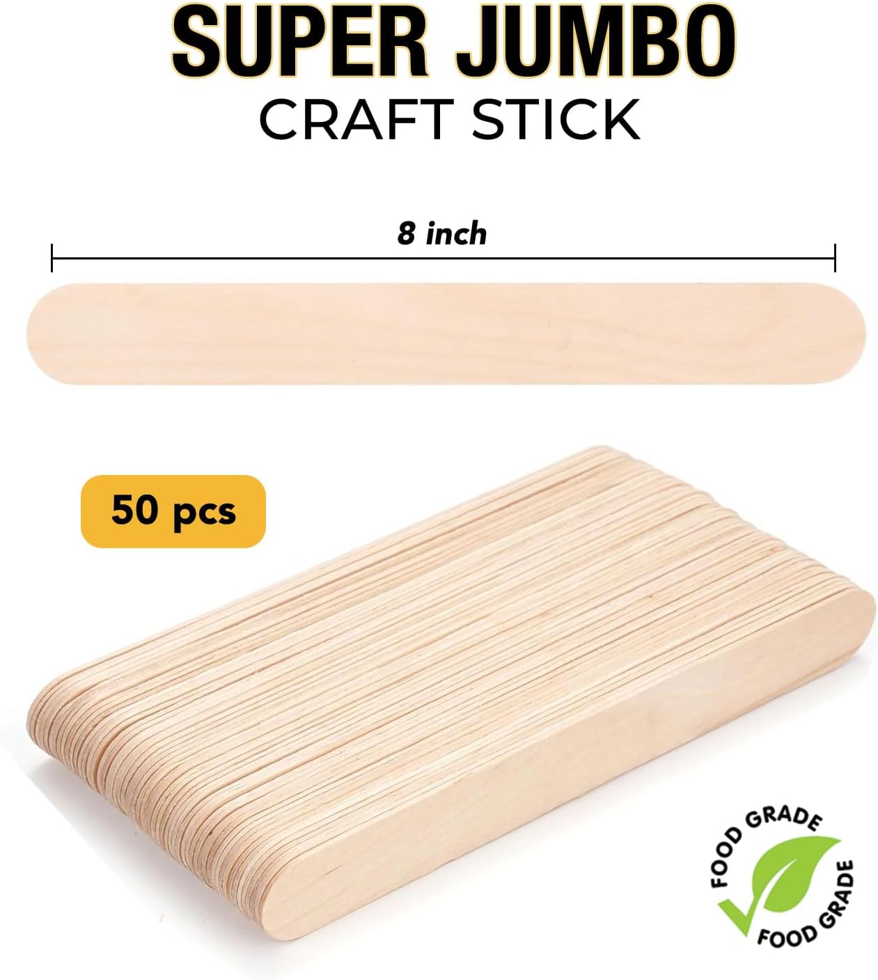 Apremont 8 Inch Jumbo Craft Sticks, 50 Pieces Wooden Popsicle Sticks for Crafts, DIY Art Projects, Classroom Supplies, School Project, Tongue Depressor, Birch Wood, Natural Unfinished Wood