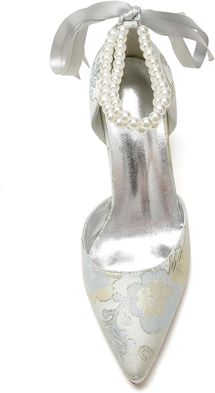 Women's Floral Satin Pointed Toe Kitten Heels Pearl Wedding Shoes for Bride Prom Party Dress Shoes Pumps