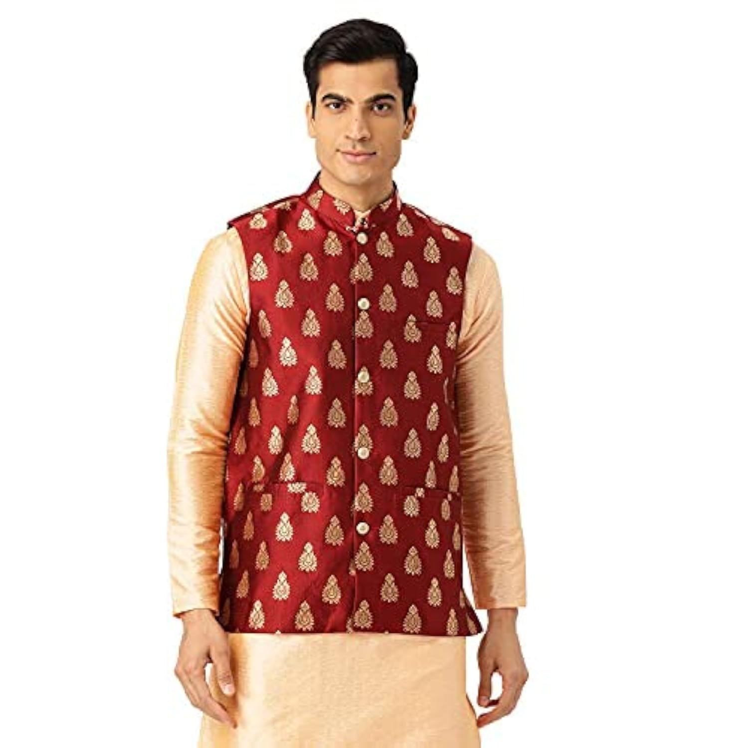 Sojanya (Since 1958, Men's Silk Blend Magenta &amp; Gold Self Design Nehru Jacket