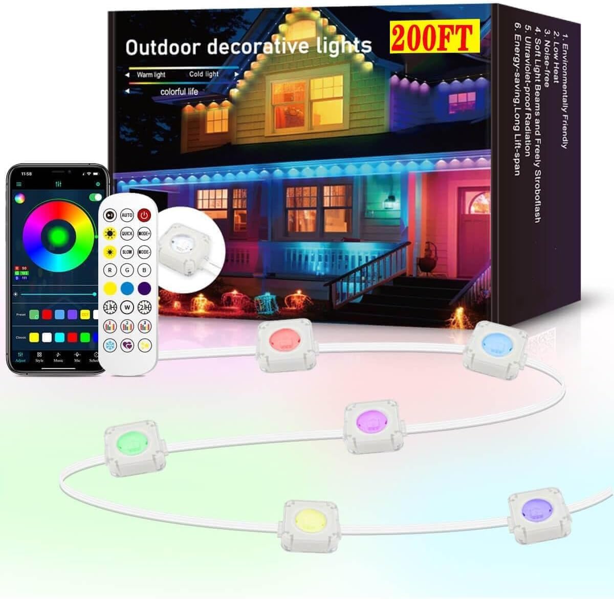 Permanent Outdoor Lights Pro - with Chasing Effect + App & Remote, RGB-IC Smart Eternity Eaves Lights IP68 Waterproof, Year-Round House Roof Outdoor Lighting, 30LEDs, 50ft