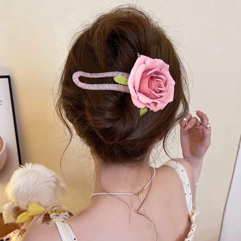 Melodio Rose Flower Hair Clip for Women – Premium Floral Claw Clip Hairpin | Bridal Mehendi Wedding Hair Accessories | Non-Slip Strong Hold Hair Clips for Girls (Pink)