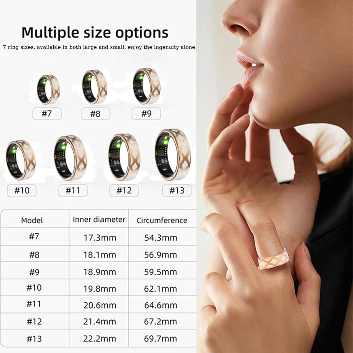 Smart Ring size options and corresponding inner diameters and circumferences