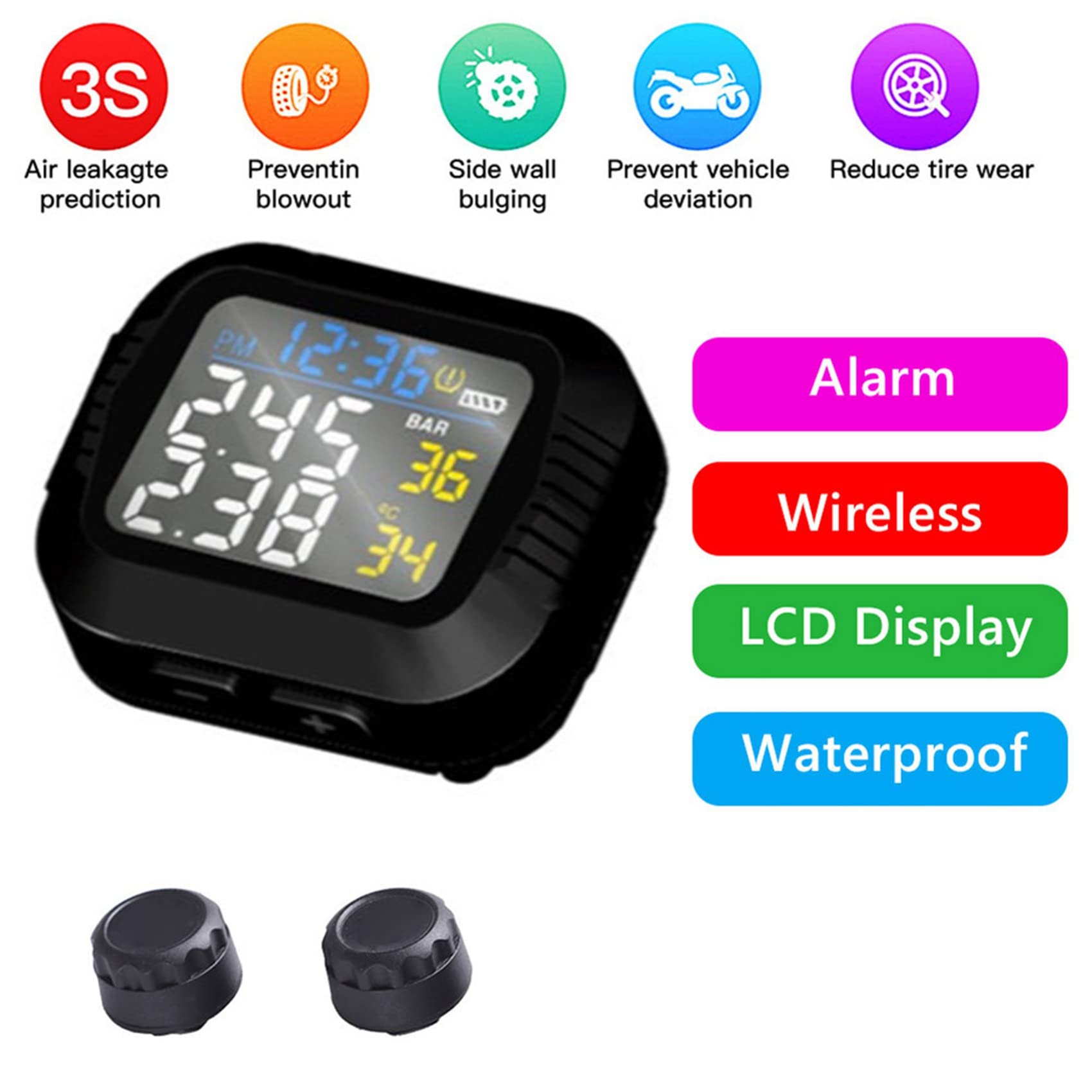 2X System de Monitoreo de Presión de Neumáticos en Tiempo Real para Motocicletas A Prueba de Agua Pantalla LCD Inalámbrica con Sensor Externo Moto TPMS
