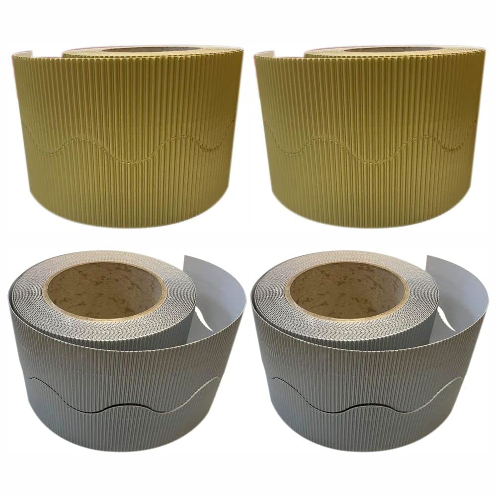 3 Ace Crafts (Pack of 4) Corrugated Display Border Roll - 57mm x 15m Meters - School/Office, Classroom Decoration, Bulletin Boards & Crown Making, Scalloped Edge Roll Fade Resistant - Gold, Silver