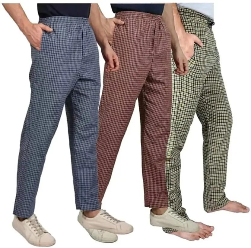 Men's Cotton Checkered Pajama Pants, Casual Lounge Wear, Pack of 3, Blue Grey Brown-image-48