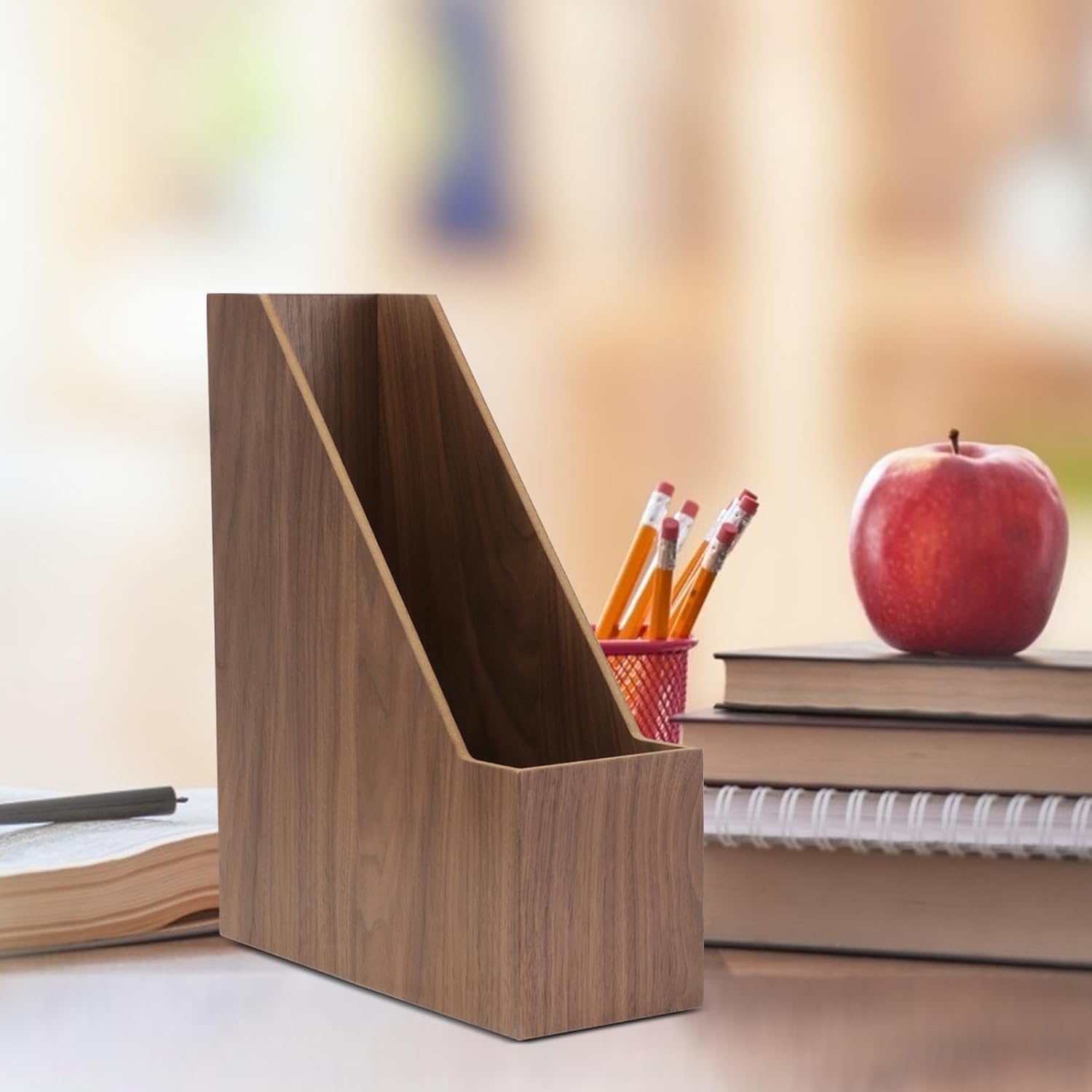 Walnut Wood Book Organizer and File Storage Box A4 Size with Veneer for Office and Home Desk Book Stand Holder