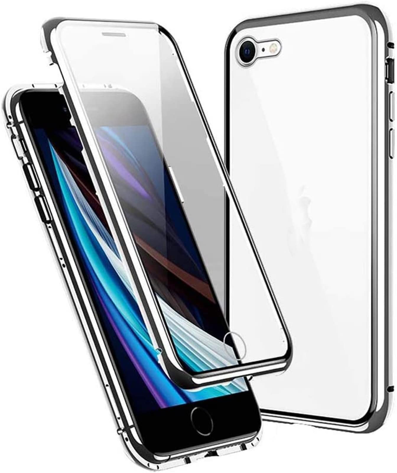 Funda magnética para Apple iPhone SE 2ND (2020) de 4.7 pulgadas, cubierta frontal y trasera de vidrio templado transparente, marco de aluminio (color: blanco)