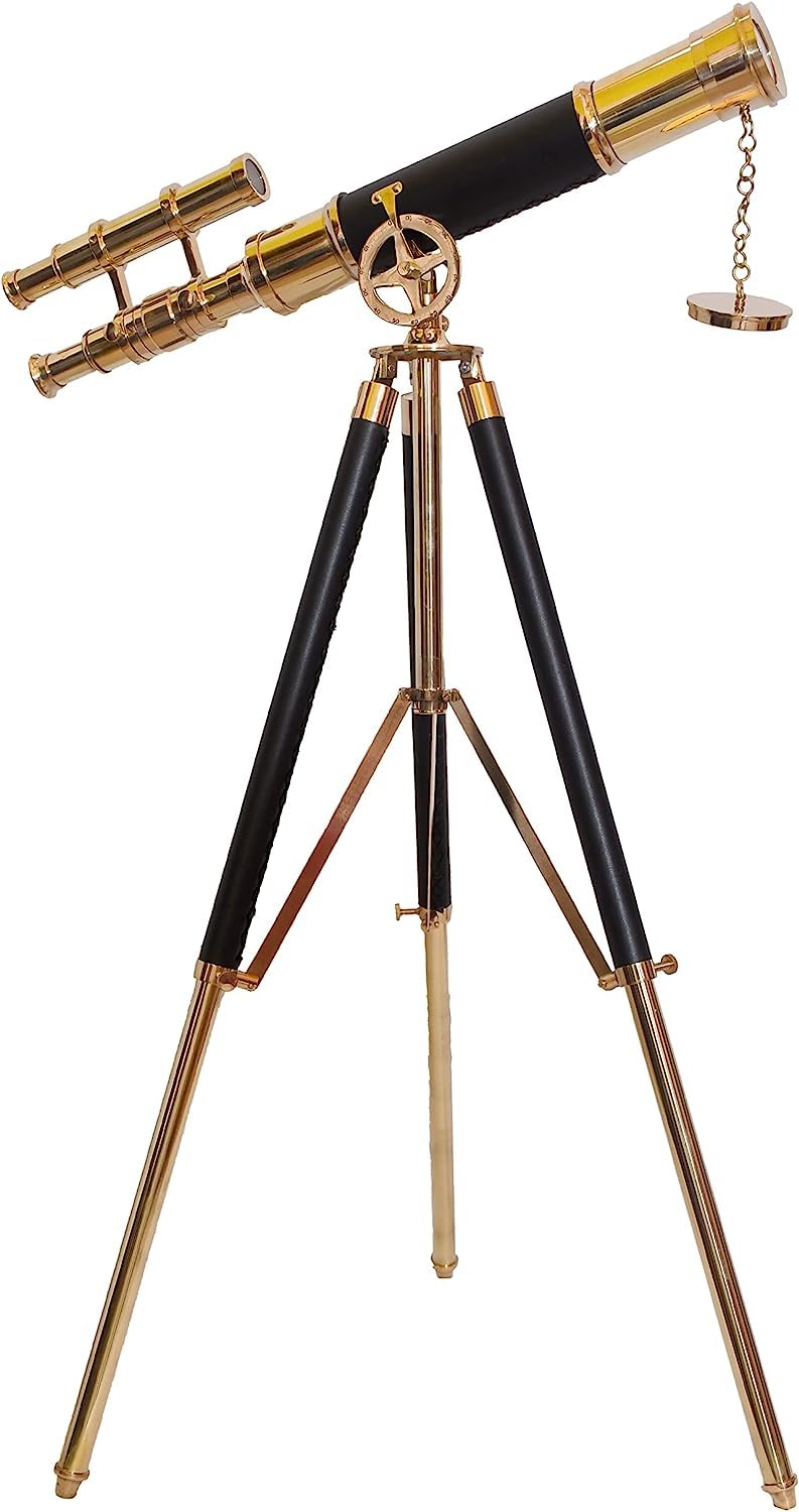 Vintage Double Barrel Brass Nautical High Magnification Telescope Adjustable Brass Leather Tripod Stand Scope