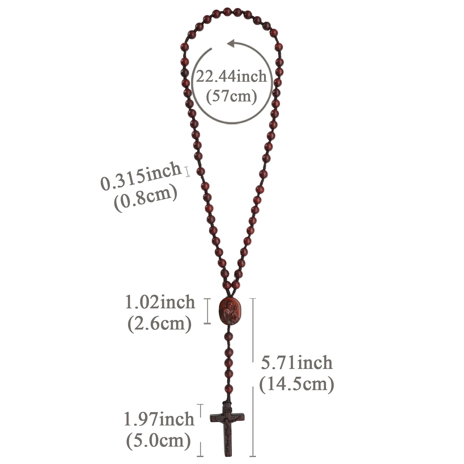 Drewniany różaniec z krucyfiksem INRI i Medalem św | Wiązana koronka sznurkowa, 57 cm katolicki naszyjnik modlitewny, wiara prezent dla mężczyzn, drewniane koraliki 8 mm