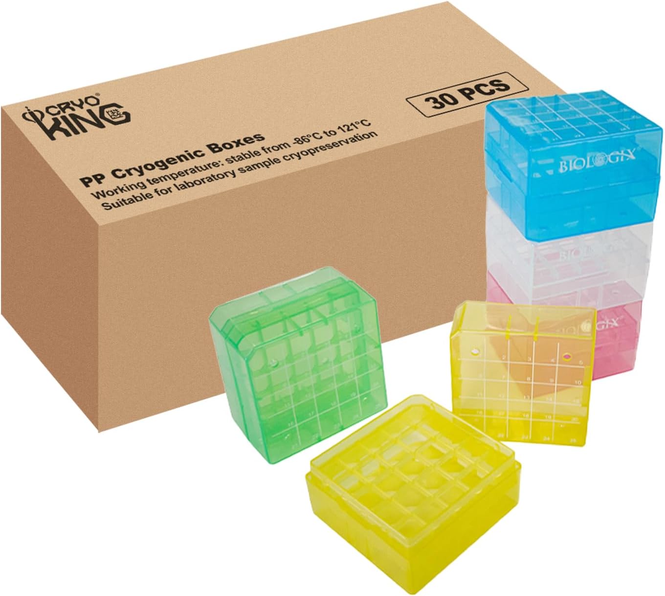 2in 25 Well PP Cryogenic Boxes, Microtube Storage Box, Tube Laboratory Storage Freezer Box, Assorted Colors, Case of 30