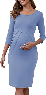 Maternity Work Dress 3/4 Sleeve Formal Business Outfit | Slim Fit, Crew Neck, Front Pleated, Back Zipper, Business Causal Dress Semi Workwear Office Church Funeral
