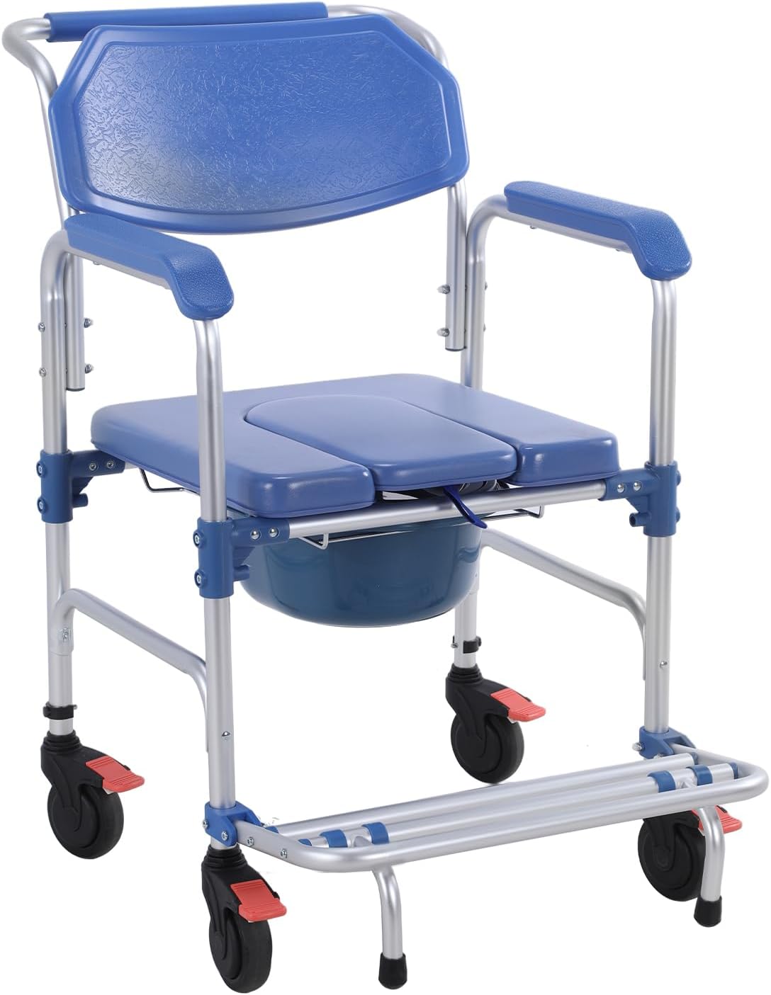 3 in 1 Shower Wheelchair for Elderly with Drop Arms Lockable Casters Sliding Shower Chair with Arms Anti-Tilt Foldable Footrest Holds Up to 330 Lbs Removable Bucket for Disabled and Pregnant (01)