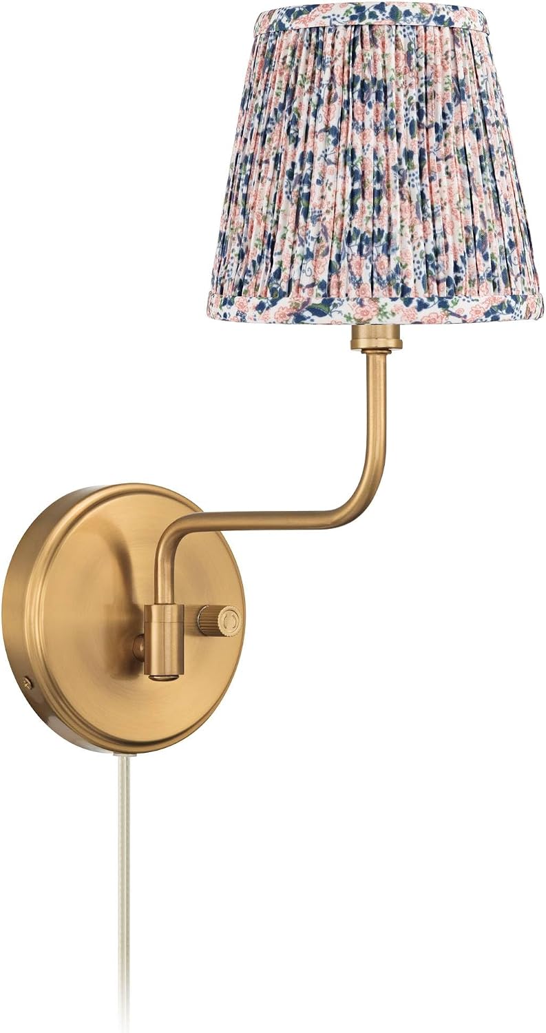 Possini Euro Design Emma 9 1/2" H Warm Brass Plug-in Cottage Core Wall Sconce Blue Pink Floral Shade