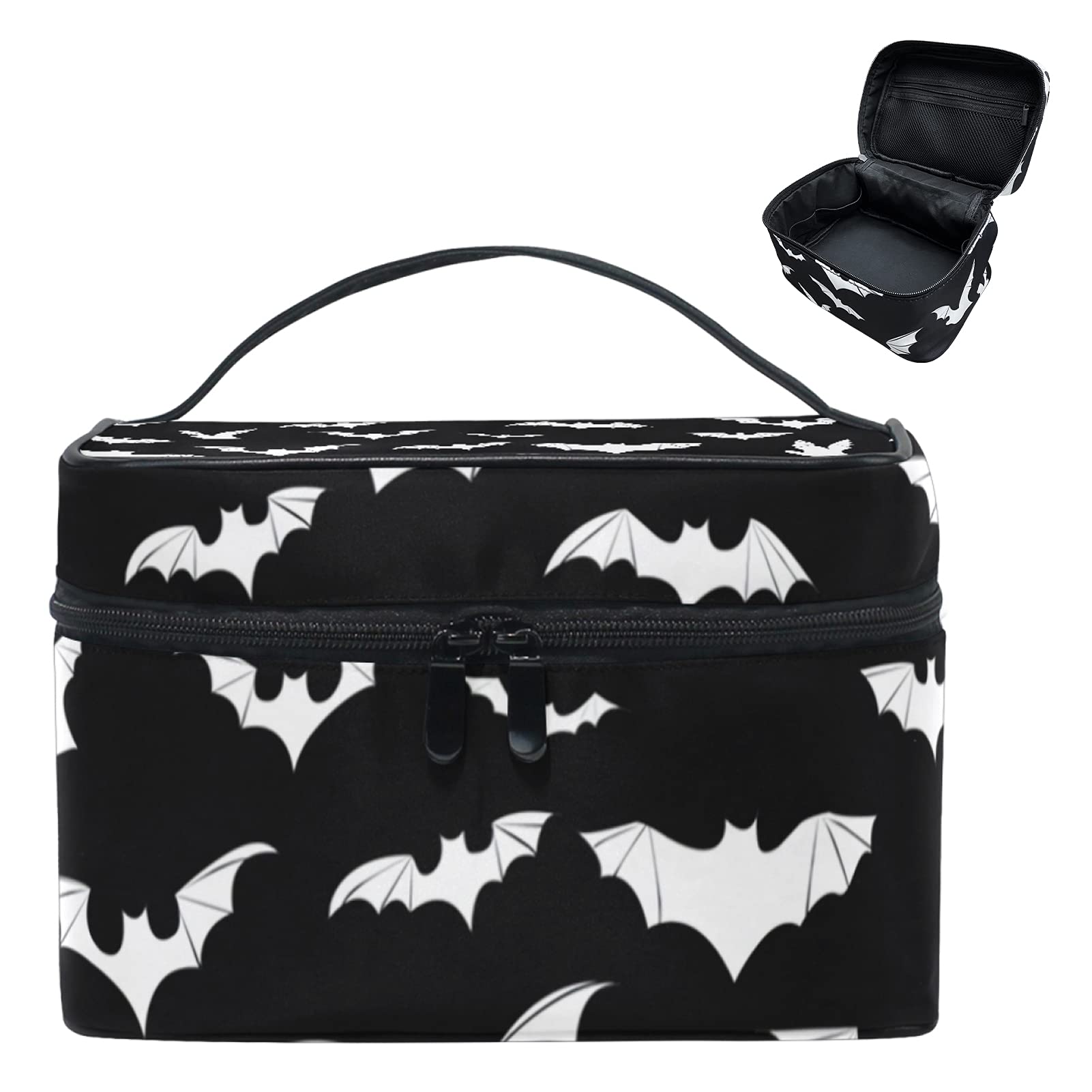 9CH Goth Makeup Organizer Bag, Halloween Makeup Bags Large Cosmetic Bag with Adjustable Dividers Portable Bat Cosmetic Case for Make up Brushes Toiletry Jewelry(Black Bats)