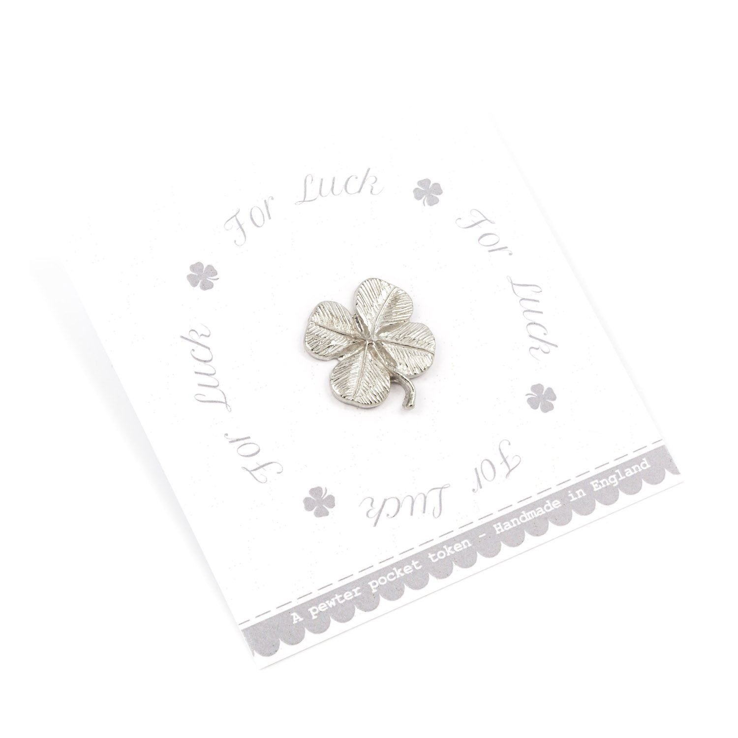 Metal Planet Ltd Four leaf clover (pewter token) on a printed 'For Luck' gift card.