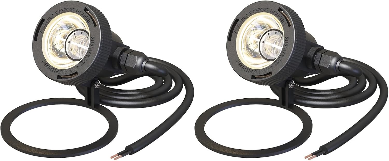 Low Voltage Pond Lights 2PK Landscape Lighting Submersible Light 2900K Warm White 5.4W 135 Lumens Underwter Lights Floodlight with 15FT Wire for Swimming Pool, Fountain, Pond