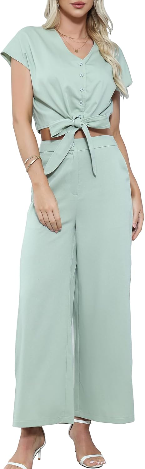 gardenwed women's two piece outfit set, short sleeve v neck crop top with tie front and wide leg pants medium light green