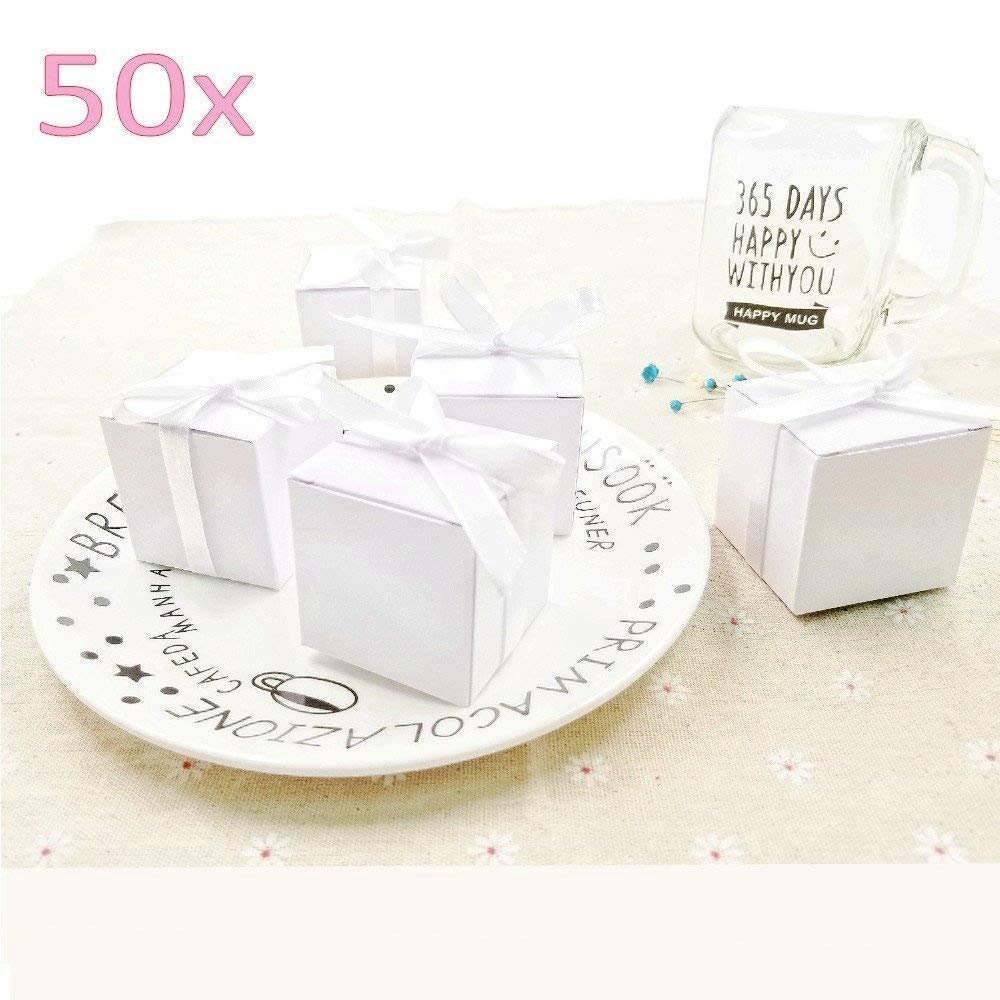 Boîte à Dragées Mariage, 50 Pièces Boîtes à Bonbons en Papier Creux Boîte Cadeau Mariage avec Rubans Boite a Dragee Coffrets Cadeaux Boite de Bonbons pour Mariage Baptême Baby Shower Fête