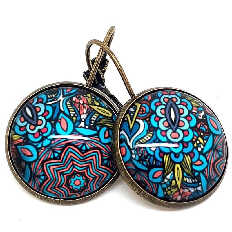 Boucles d’Oreilles Pendantes Dormeuses Femme – Cabochon Verre Fleurs Turquoise Jaune – Bijou...
