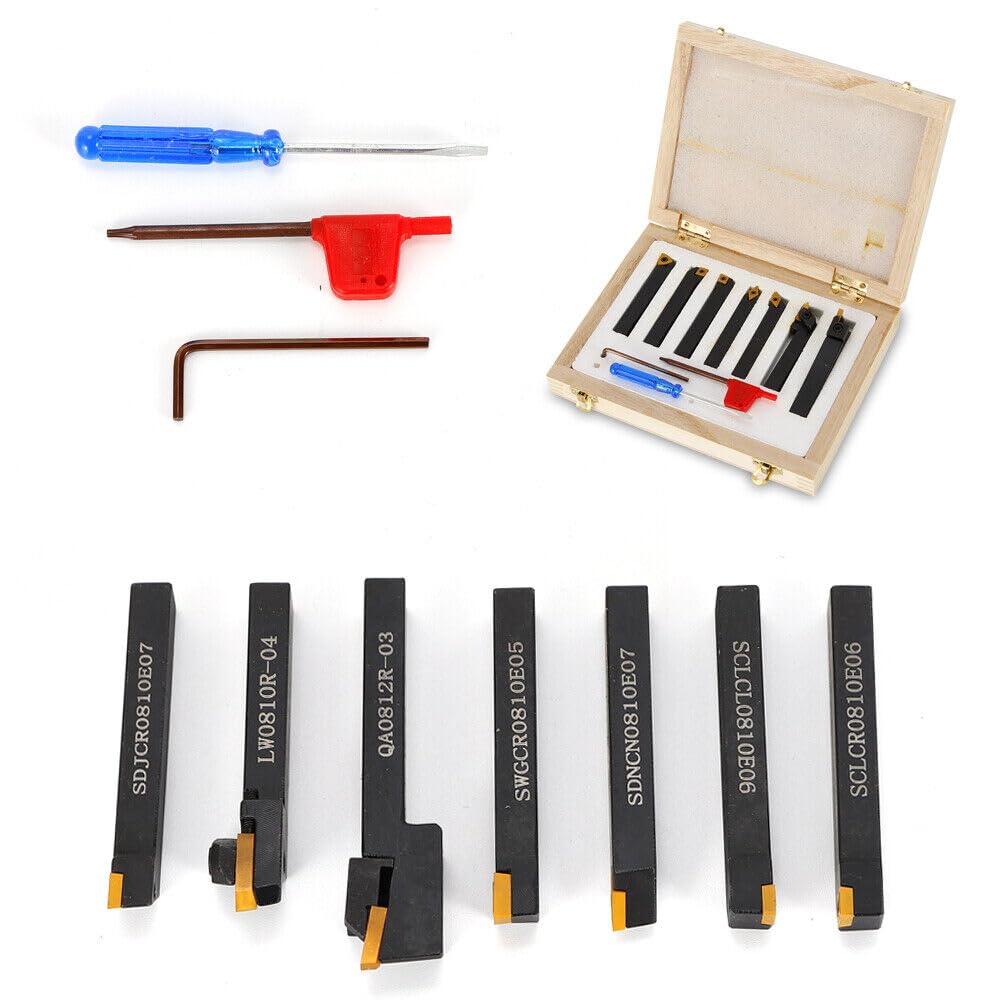 Set 7 Utensili Per Tornio In Metallo Duro – 8x8 Mm, Con Piastre Reversibili E Valigetta In Legno, Per Torni Ordinari E CNC