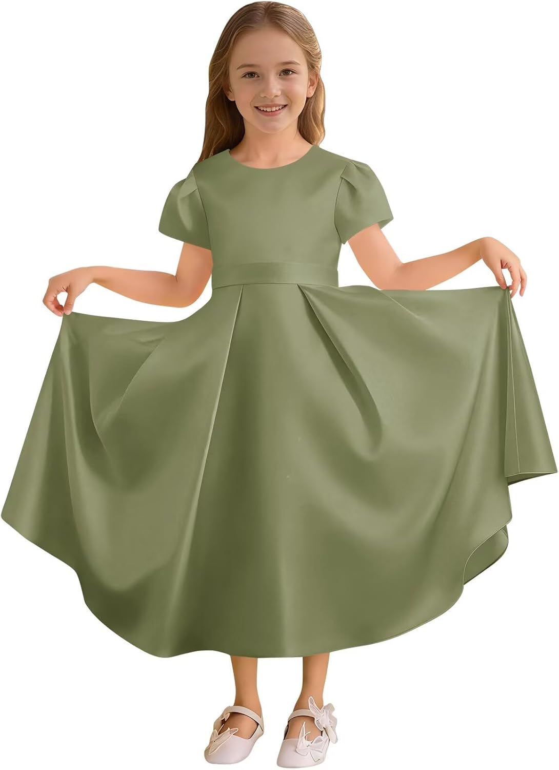 Satin Flower Girl Dress Puff Sleeve Long Junior Bridesmaid Dresses Bow Birthday Pageant Formal Wedding Gown