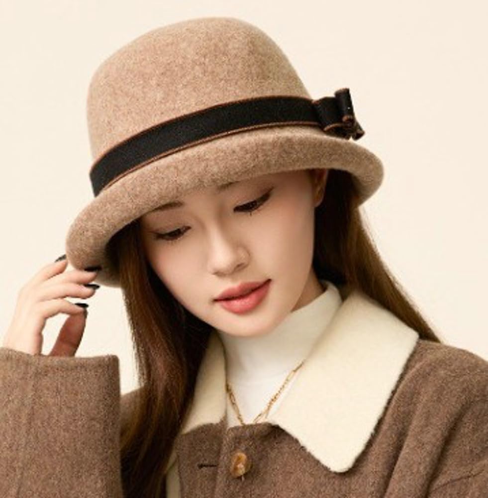 Women Vintage Felt Cloche Hats Winter Fall Solid Fedora Bucket Caps Elegant Bowler Hat Bowknot - Image 3