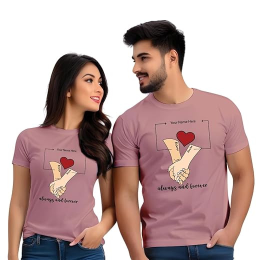 Couple T Shirts for Couple-Husband Wife Matching Dress-Couple Tshirt Combo- Regular Fit Cotton Round Neck Half Sleeve (cus-Couple-Hands)