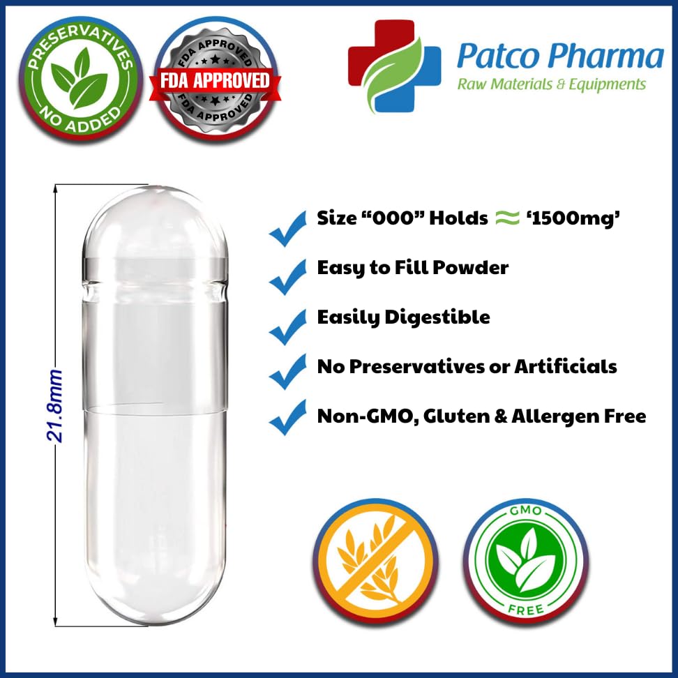 Patco Pharma - Size 1 Clear Empty Gelatin Pill Capsule - Gluten Free | DIY Powder Filling (Pack of 1000) 1