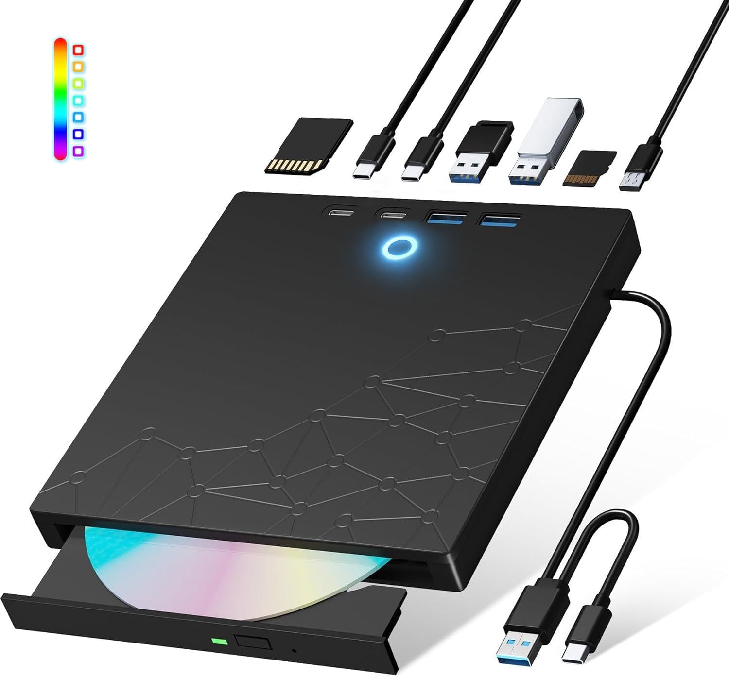 Unidad externa de CD/DVD para portátil, grabadora de DVD para laptop, 8 en 1, USB 3.0, reproductores de CD portátiles con puertos SD/TF, unidad de disco externa óptica para MacBook Windows 11