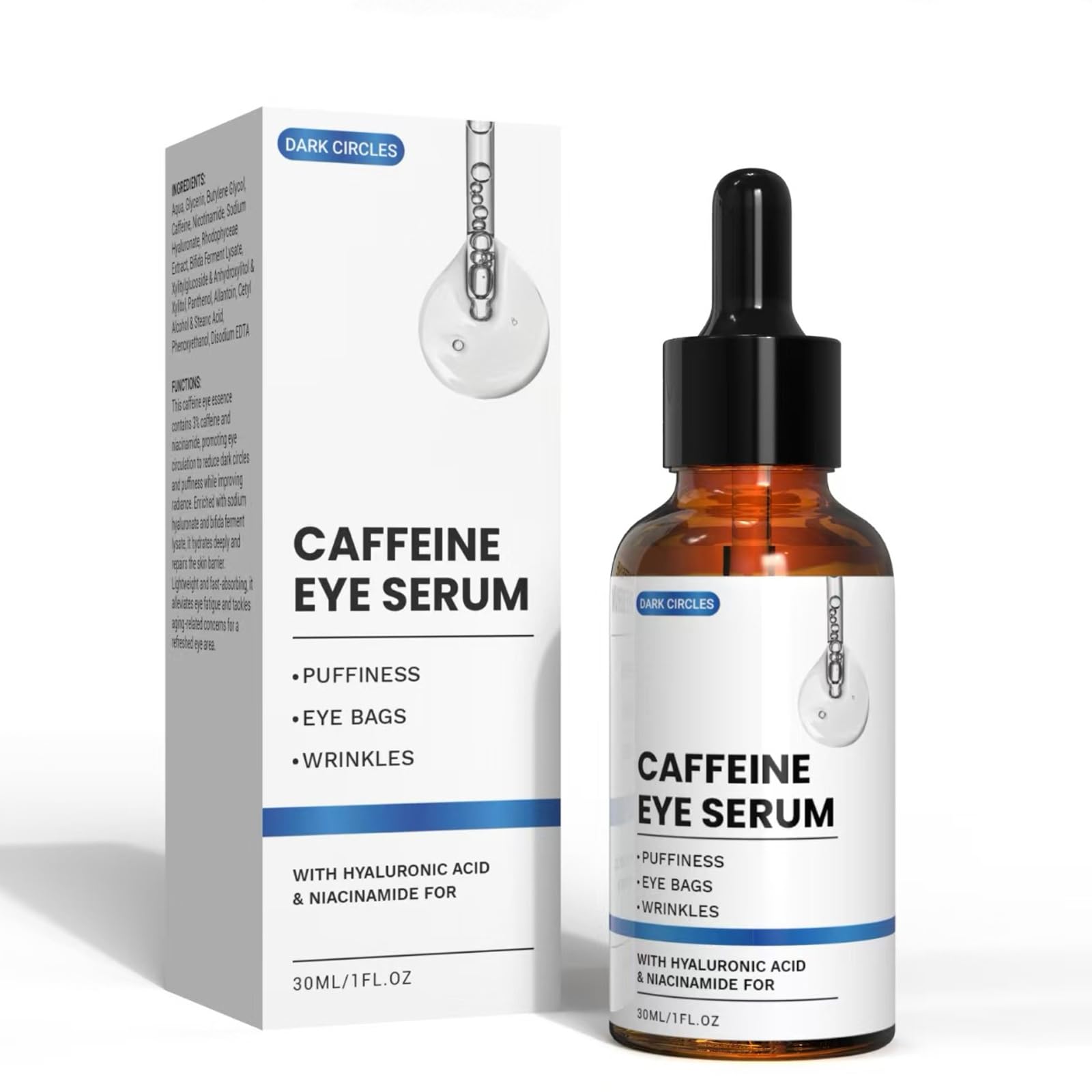 Siero Caffeina Contorno Occhi, Siero occhi antirughe con acido ialuronico per eliminare le occhiaie e le borse, per uomini e donne (30 ml)