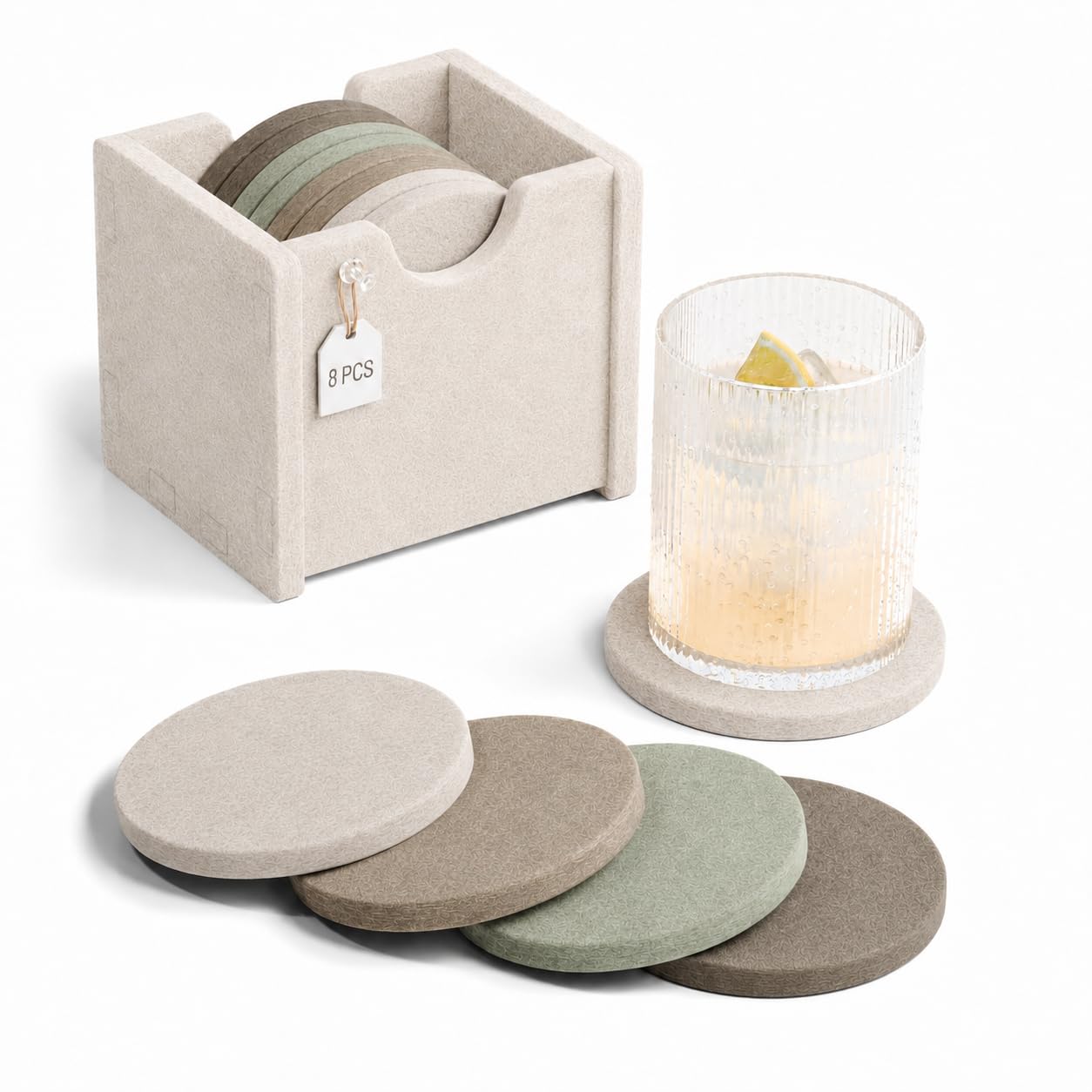 Fluxynara Felt Drink Coasters with Holder, Round, Set of 8, Linen Dusk — image 1