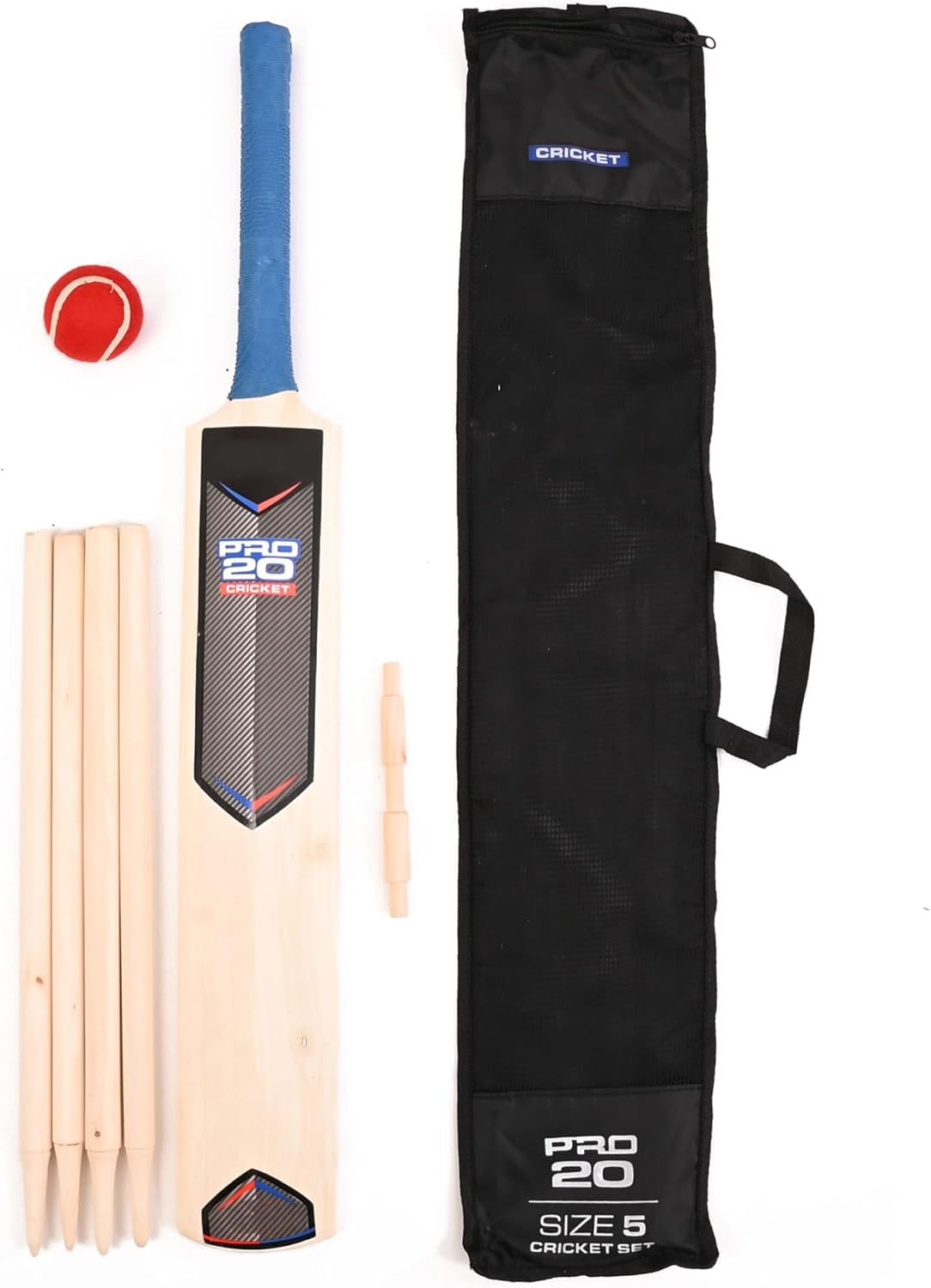ManraRaj Cricket Set With Mesh Carry Bag, Cricket sets with Rubber Grip Wooden Bat, 4 Stumps, Bails and Soft Ball Suitable For Both Kids Adults, High Performance & Durable- Cricket Set Size 5