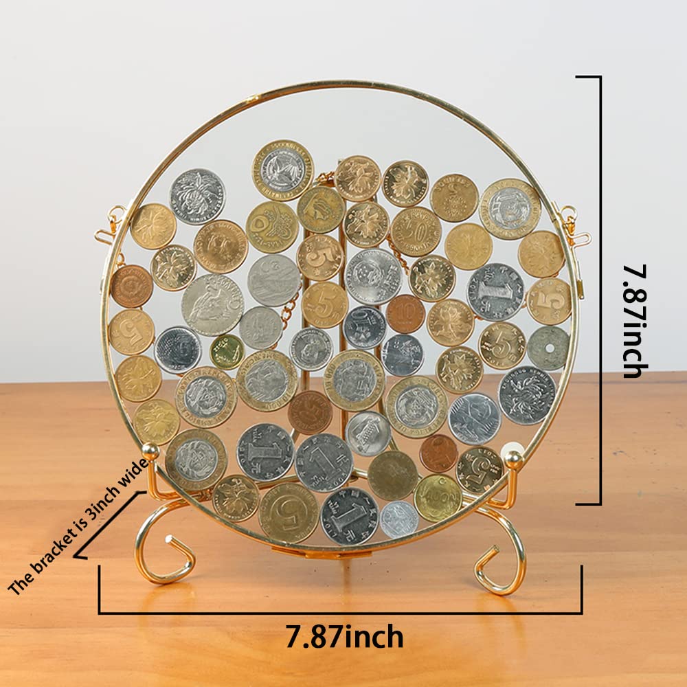 Ebrima Gold Glass Frame for Coin Display, Wall Hanging Coin Collecting Holders, Currency Dollar Bill Collection Supplies Holders for Collectors, Glass Piggy Bank (Round with bracket)