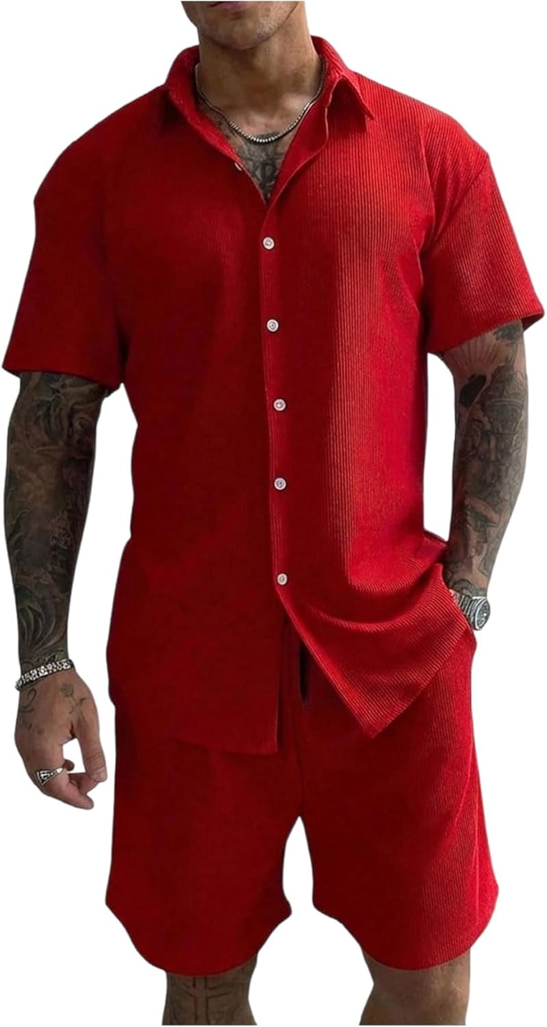 Men's 2 Piece Outfits Textured Button Down Shirts and Drawstring Waist Shorts Sets with Pocket