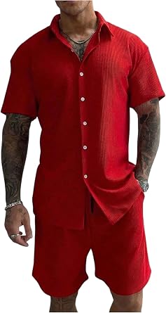 VIPWOLF Mens 2 Piece Outfits Textured Button Down Shirts and Drawstring Waist Shorts Sets with Pocket