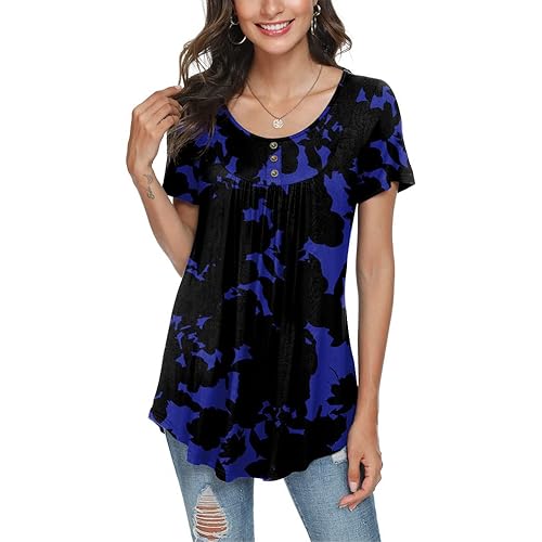 POPYOUNG Womens Summer Casual Short Sleeve Tunic Tops Ruffle Button Loose Blouse T-Shirts