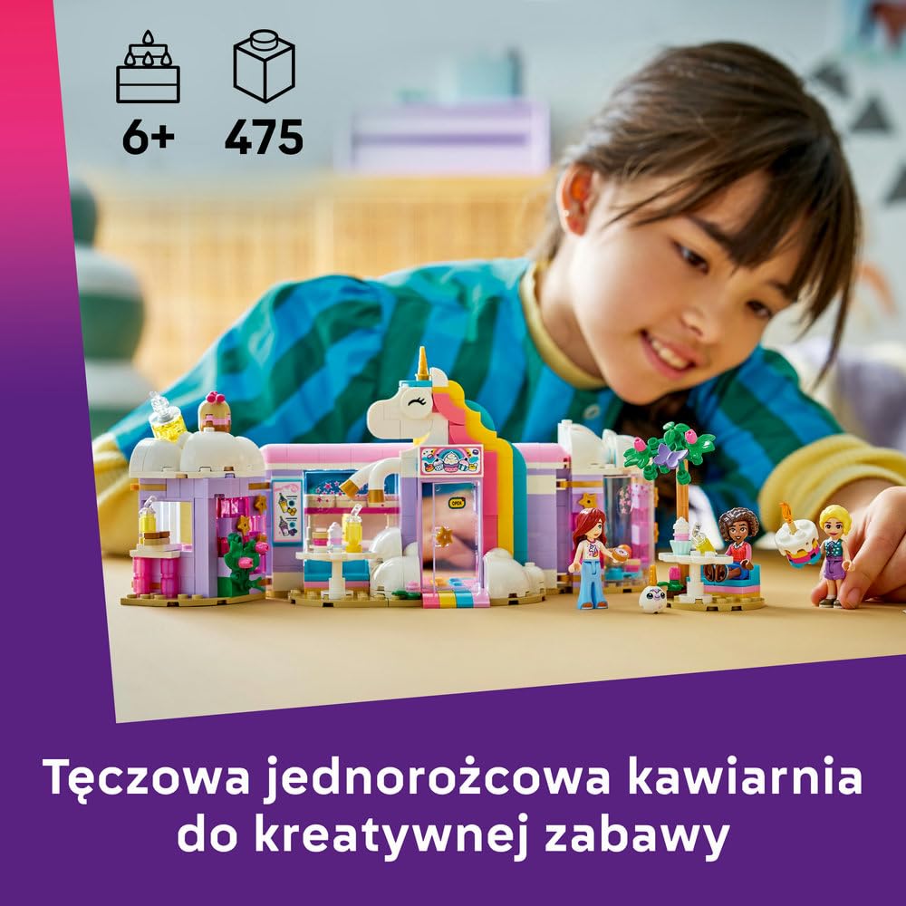 LEGO Friends Jednorożcowa kawiarnia, trzy minilaleczki i tęczowy jednorożec, zabawka dla dziecka do odgrywania ról, pomysł na prezent dla 6-latki na urodziny, klocki dla dziewczynki i chłopca 42684