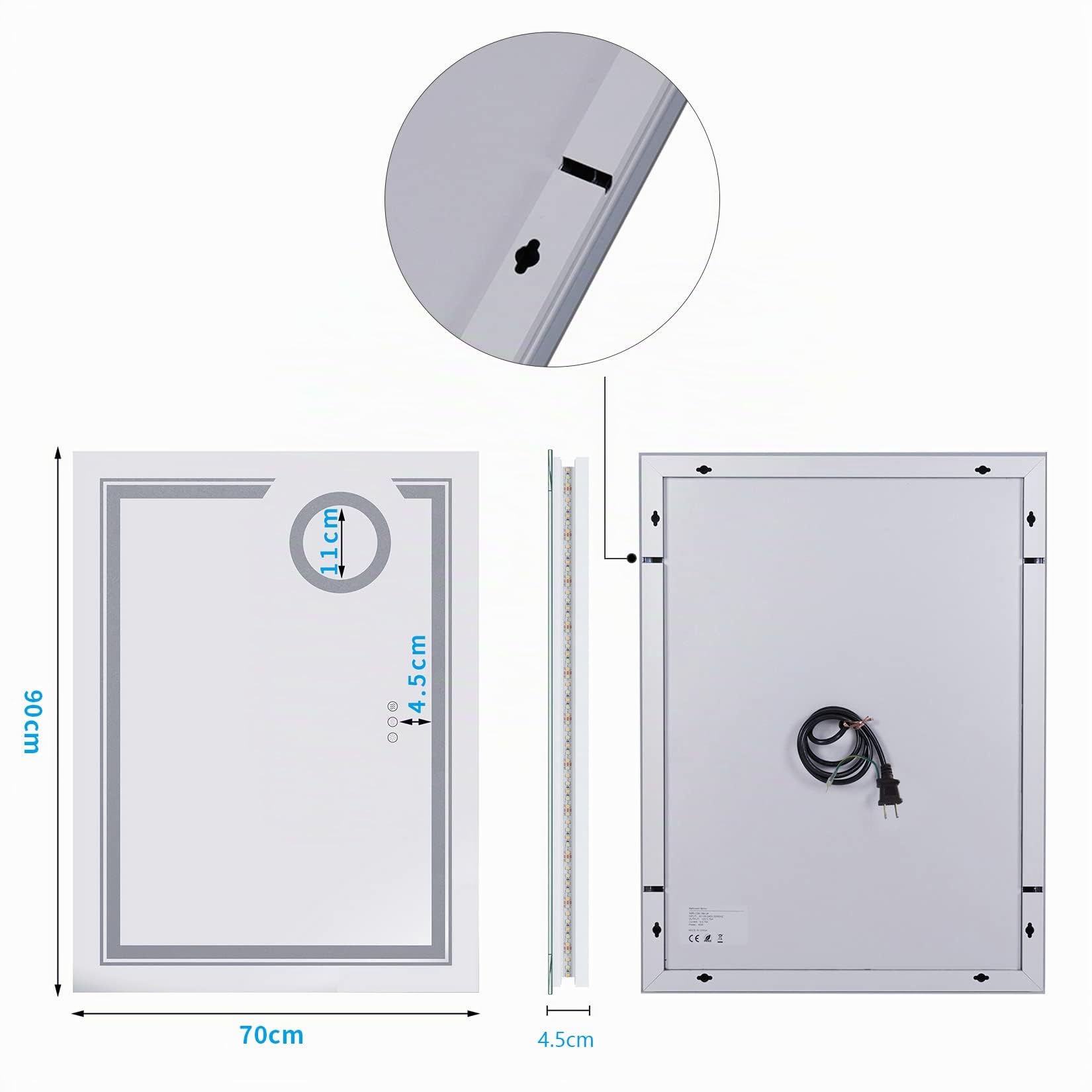 LUVODI Espejo de Baño Pared 70 x 90 cm con 3X Aumento Luz LED Frontal y Retroiluminado Espejo Baño Moderno con Interruptor Táctil Función Antivaho Memoria, IP56, CRI>97,CE, para Lavavo Tocador