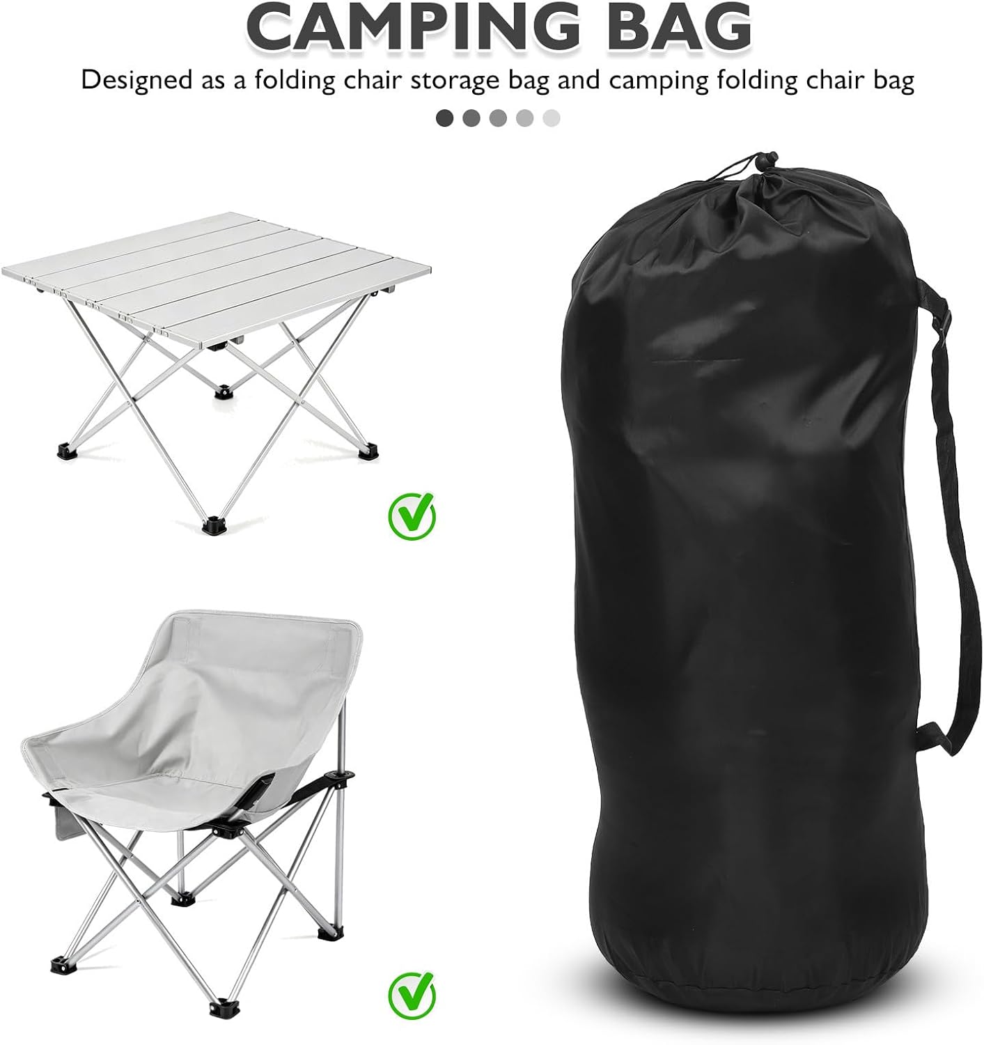 Black Nylon Camping Chair and Picnic Table Storage Bag with Adjustable Strap, Extra Wide Mouth for Easy Access, Efficient Storage Solution and Space-Saving Stability, Fits Backpack