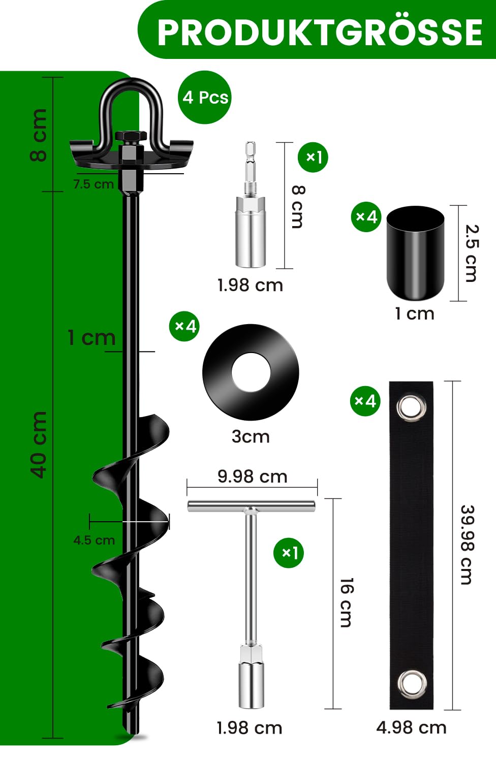 Piquets 40 cm 4 pièces avec sangles, double fixation pour ancrages au sol, piquets robustes à visser, idéal pour accessoires de trampoline, résistant au vent fort - 2